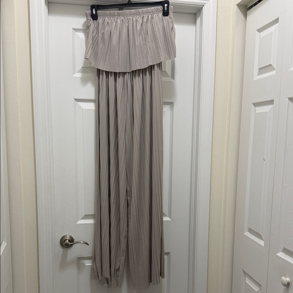 Pleated Wide-Leg Jumpsuit in Taupe